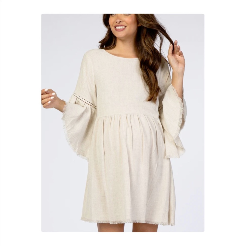 Beige Raw Edge Bell Sleeve Babydoll Maternity Dress • Pinkblish Maternity Dress